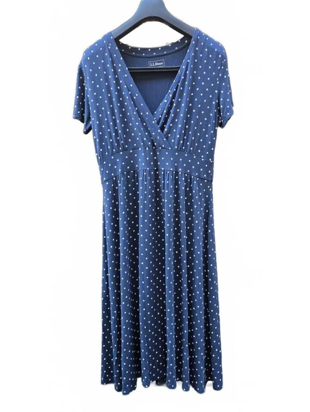 L.L. Bean Polka Dot Faux Surplice Empire Waist Summer Knit Dress Navy Blue Sz M